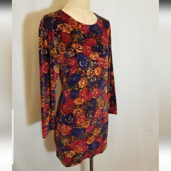 VINTAGE VELVET MINI DRESS FLORAL ROSE FALL AUTUMN WINTER PREPPY HIPSTER 90S LIZ - Picture 2 of 10